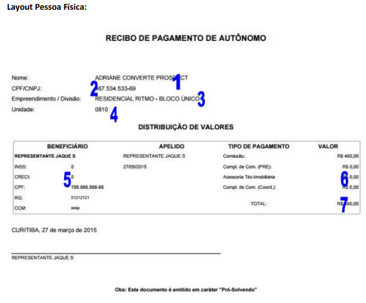Recibo Pagamento de Comissão Pessoa Física